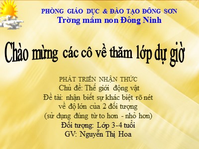 Bài giảng Phát triển nhận thức Lớp Mầm - Đề tài: nhận biết sự khác biệt rõ nét về độ lớn của 2 đối tượng - Nguyễn Thị Hoa