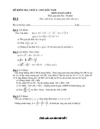 Đề kiểm tra chất lượng đầu năm Toán Khối 8 - Trường THCS Lê Lợi