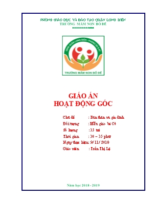 Giáo án Hoạt động góc Lớp Mầm - Chủ đề: Bản thân và gia đình - Năm học 2018-2019 - Trần Thị Lệ