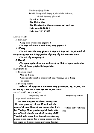 Giáo án Làm quen với toán Lớp Chồi - Đề tài: Củng cố số lượng 4, nhận biết chữ số 4, số thứ tự trong phạm vi - Năm học 2015-2016