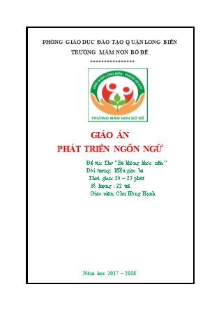 Giáo án Phát triển ngôn ngữ Lớp Mầm - Đề tài: Thơ Bé không khóc nữa - Chu Hồng Hạnh