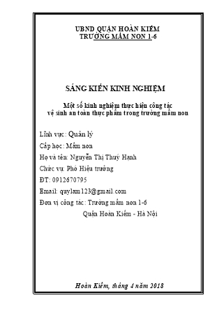 Sáng kiến kinh nghiệm Một số kinh nghiệm thực hiện công tác vệ sinh an toàn thực phẩm trong trường mầm non - Năm học 2017-2018 - Nguyễn Thị Thuý Hạnh