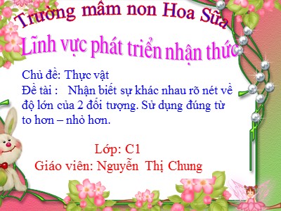 Bài giảng Làm quen với toán Lớp Mầm - Đề tài: Nhận biết sự khác nhau rõ nét về độ lớn của 2 đối tượng. Sử dụng đúng từ to hơn, nhỏ hơn - Nguyễn Thị Chung