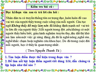 Bài giảng Ngữ văn Lớp 7 - Tiết 80: Đề văn nghị luận và việc lập ý cho bài văn nghị luận - Đinh Thị Kim Yến