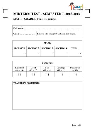 Đề kiểm tra giữa học kì I Toán Lớp 6 - Năm học 2015-2016 - Trường THCS Đô thị Việt Hưng