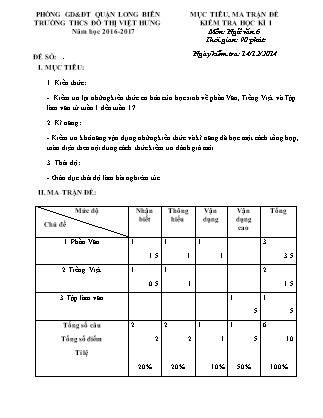 Đề kiểm tra học kì I Ngữ văn Lớp 6 - Năm học 2016-2017 - Trường THCS Đô thị Việt Hưng