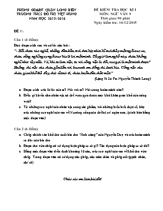Đề kiểm tra học kì I Ngữ văn Lớp 9 - Năm học 2015-2016 - Trường THCS Đô thị Việt Hưng