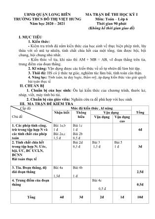 Đề kiểm tra học kì I Toán Lớp 6 - Năm học 2020-2021 - Trường THCS Đô thị Việt Hưng