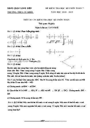 Đề kiểm tra học kì I Toán Lớp 7 - Năm học 2018-2019 - Trường THCS Cự Khối