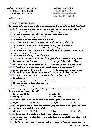 Đề thi học kì I Địa lí Lớp 9 - Mã đề 213 - Năm học 2018-2019 - Trường THCS Bồ Đề