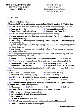 Đề thi học kì I Địa lí Lớp 9 - Mã đề 358 - Năm học 2018-2019 - Trường THCS Bồ Đề