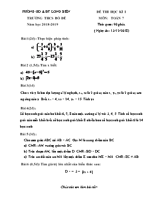Đề thi học kì I Toán Lớp 7 - Năm học 2018-2019 - Trường THCS Bồ Đề