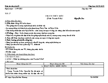 Giáo án Ngữ văn Lớp 9 - Tiết 27: Chị em Thúy Kiều (Trích Truyền Kiều) - Năm học 2018-2019 - Nguyễn Mai Hương -