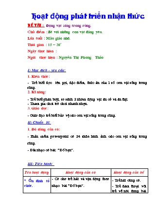 Giáo án Phát triển nhận thức Lớp Chồi - Đề tài: Động vật sống trong rừng - Nguyễn Thị Phương Thảo