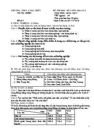 Đề kiểm tra học kì I Địa lí Lớp 9 - Năm học 2016-2017 - Trường THCS Long Biên