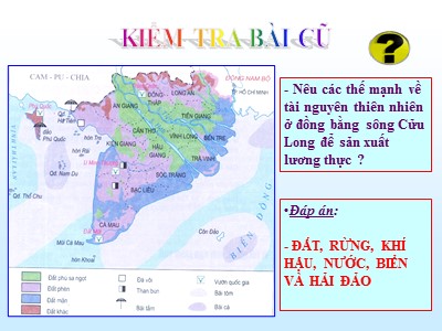 Bài giảng Địa lí Lớp 9 - Tiết 40, Bài 36: Vùng đồng bằng sông Cửu Long (Tiếp theo)