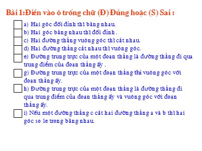 Bài giảng Hình học Lớp 7 - Chủ đề: Ôn tập chương 1 - Năm học 2019-2020