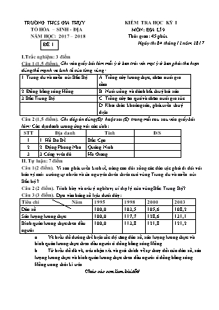 Đề kiểm tra học kì I Địa lí Lớp 9 - Năm học 2017-2018 - Trường THCS Gia Thụy