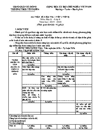 Đề kiểm tra Tiết 8 môn Địa lí Lớp 8 - Năm học 2019-2020 - Trường THCS Yên Nghĩa (Có đáp án)