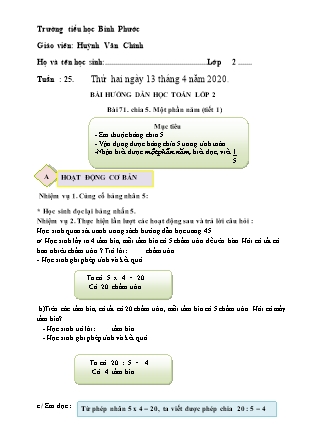 Giáo án Toán Lớp 2 - Bài 71: Chia 5. Một phần năm (Tiết 1) - Huỳnh Văn Chính