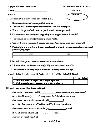 2 Đề kiểm tra 15 phút lần 5 môn Tiếng Anh Lớp 6 - Trường THCS Nguyễn Huệ (Có đáp án)