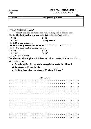 2 Đề kiểm tra 15 phút Tiết 21 môn Hình học Khối 6 - Trường THCS Nguyễn Huệ (Có đáp án)