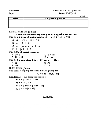 2 Đề kiểm tra 15 phút Tiết 39 môn Số học Khối 6 - Trường THCS Nguyễn Huệ (Có đáp án)
