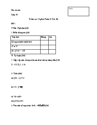 2 Đề kiểm tra 15 phút Tiết 46 môn Số học Lớp 6 - Mai Thị Hồng Vi