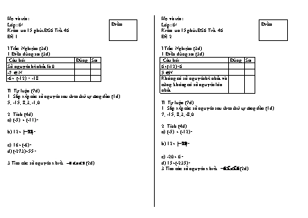 2 Đề kiểm tra 15 phút Tiết 46 môn Số học Lớp 6