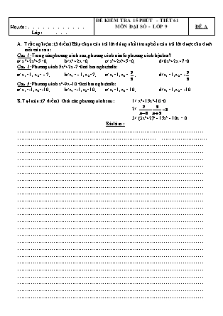 2 Đề kiểm tra 15 phút Tiết 61 môn Đại số Lớp 9 - Trường THCS Nguyễn Huệ (Có đáp án)