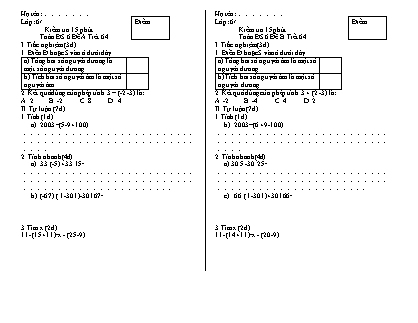2 Đề kiểm tra 15 phút Tiết 64 môn Số học Lớp 6