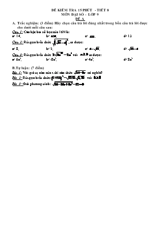2 Đề kiểm tra 15 phút Tiết 8 môn Đại số Lớp 9 - Lê Thúy Hằng (Có đáp án)