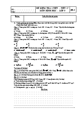 2 Đề kiểm tra 45 phút Tiết 17 môn Hình học Lớp 9 - Trường THCS Nguyễn Huệ (Có đáp án)