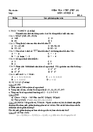2 Đề kiểm tra 45 phút Tiết 39 môn Số học Khối 6 - Trường THCS Nguyễn Huệ (Có đáp án)