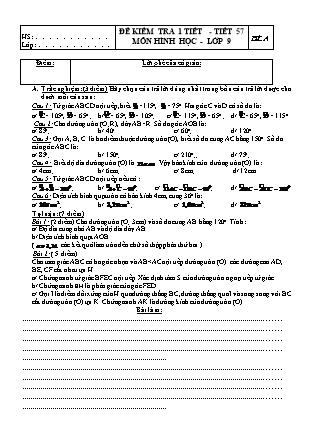 2 Đề kiểm tra 45 phút Tiết 57 môn Hình học Lớp 9 - Trường THCS Nguyễn Huệ (Có đáp án)