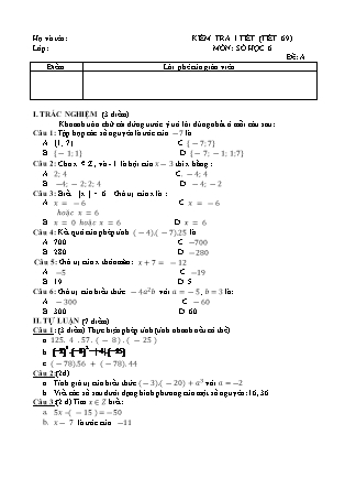 2 Đề kiểm tra 45 phút Tiết 69 môn Số học Khối 6 - Trường THCS Nguyễn Huệ (Có đáp án)
