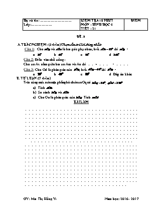 Đề kiểm tra 15 phút Tiết 21 môn Hình học Lớp 6 - Đề A - Năm học 2016-2017 - Mai Thị Hồng Vi