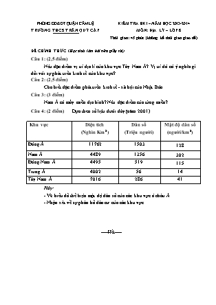 Đề kiểm tra học kì I môn Địa lí Lớp 8 - Năm học 2013-2014 - Trường THCS Trần Quý Cáp (Có đáp án)