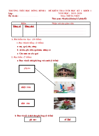 Đề kiểm tra cuối học kì I môn Tiếng Việt + Toán Lớp 1 - Năm học 2019-2020 - Trường Tiểu học Đông Bình 1 (Có đáp án)