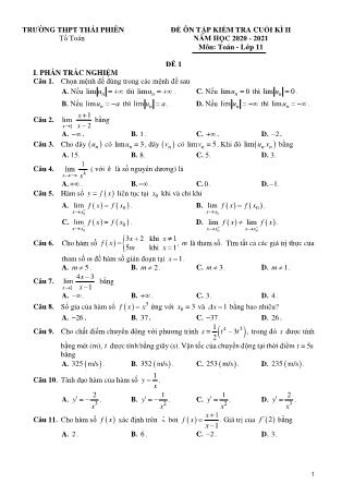 5 Đề ôn tập kiểm tra học kì II môn Toán Lớp 11 - Năm học 2020-2021 - Trường THPT Thái Phiên