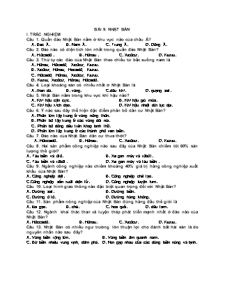 Bài tập trắc nghiệm môn Địa lí Lớp 11 - Bài 9: Nhật Bản - Trường THPT Thái Phiên