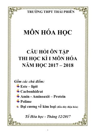 Câu hỏi ôn tập học kì I môn Hóa học Lớp 12 - Năm học 2017-2018 - Trường THPT Thái Phiên