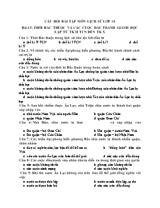 Câu hỏi trắc nghiệm Bài 15 đến 18 môn Lịch sử Lớp 10