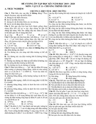 Đề cương ôn tập học kì I môn Vật lí Lớp 11 (Chương trình chuẩn) - Năm học 2019-2020 - Trường THPT Thái Phiên