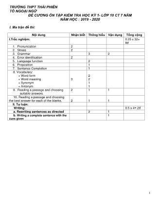 Đề cương ôn tập kiểm tra học kì I môn Tiếng Anh Lớp 10 (Chương trình 7 năm) - Năm học 2019-2020 - Trường THPT Thái Phiên