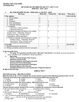 Đề cương ôn tập kiểm tra học kì I môn Tiếng Anh Lớp 11 (Chương trình chuẩn) - Năm học 2018-2019 - Trường THPT Thái Phiên