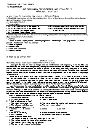 Đề cương ôn tập kiểm tra học kì I môn Tiếng Anh Lớp 12 (Chương trình 7 năm) - Năm học 2020-2021 - Trường THPT Thái Phiên