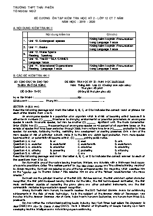 Đề cương ôn tập kiểm tra học kì II môn Tiếng Anh Lớp 12 (Hệ 7 năm) - Năm học 2019-2020 - Trường THPT Thái Phiên