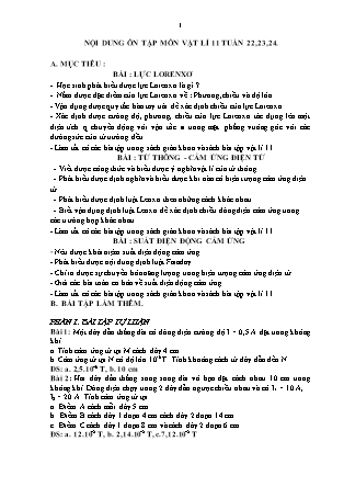 Đề cương ôn tập Tuần 22, 23, 24 môn Vật lí Lớp 11 - Trường THPT Thái Phiên
