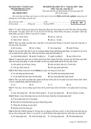 Đề kiểm tra học kì I môn Giáo dục công dân Lớp 12 - Mã đề 893 - Năm học 2019-2020 - Sở GD và ĐT Thành phố Đà Nẵng (Kèm đáp án)